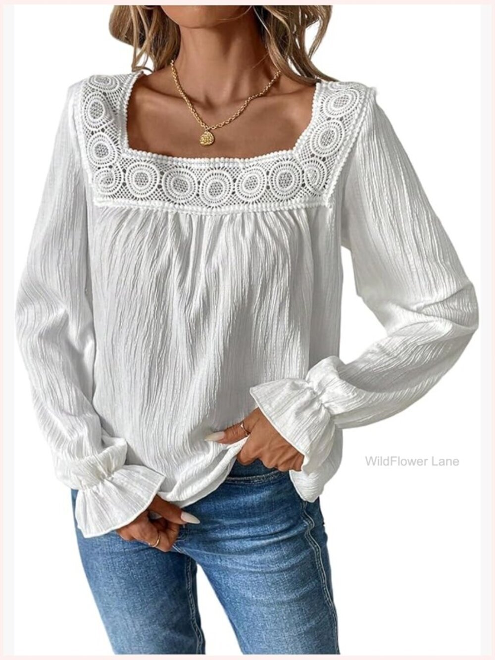 Ruffle Long Sleeve Square Neck Lace Blouse Textured Top